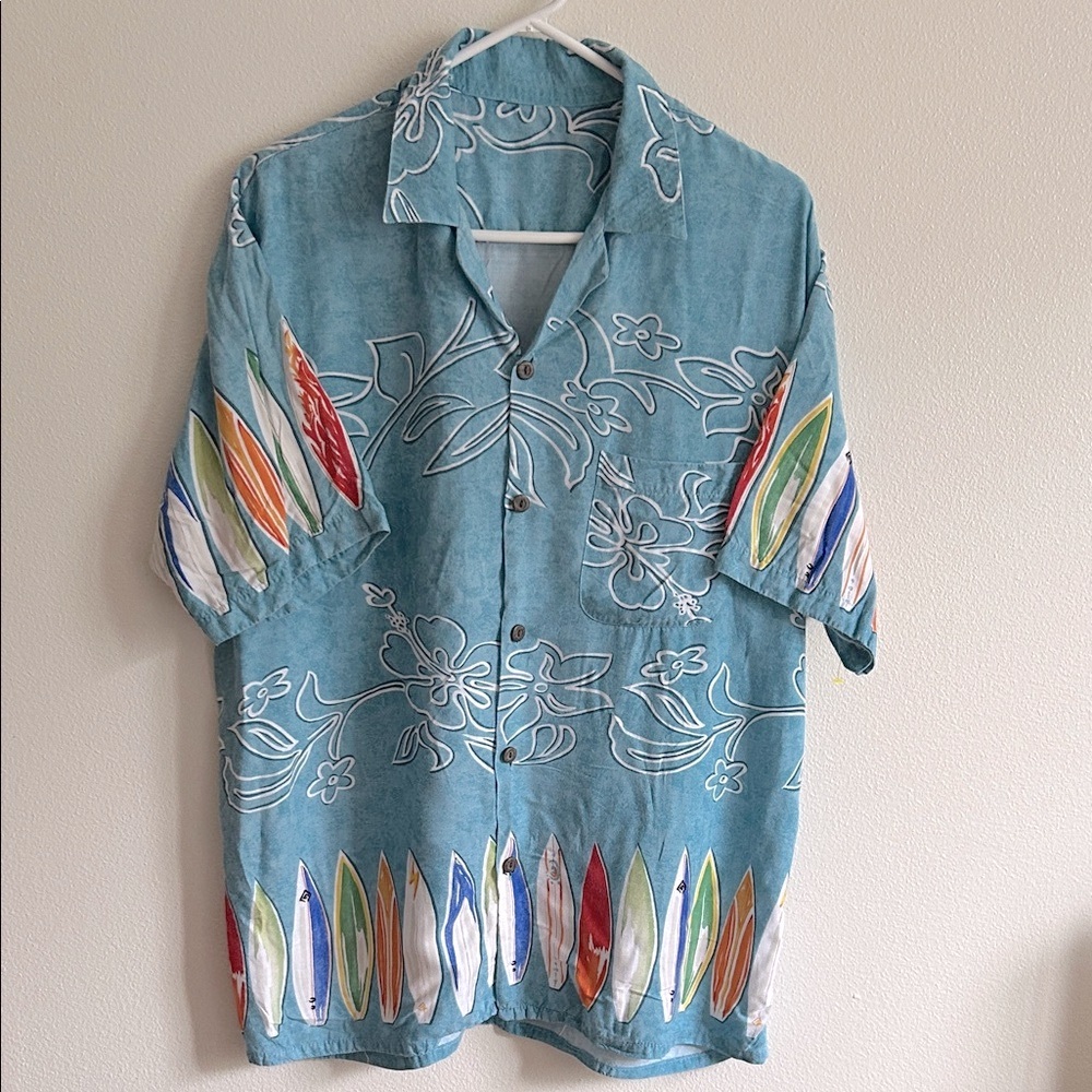 Colorful Blue/Multi Color Hawaiian Rayon Button Down Surfboard Print Shirt.